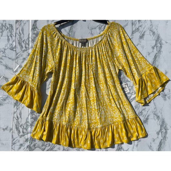 Style & Co Womens Yellow Floral Ruffle Hem and sleeve Peasant Blouse Sz  Small - Picture 1 of 7